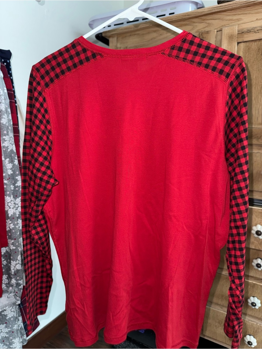 Chaps Red Henley with Black-Red Plaid Raglan Sleeves - Picture 3 of 5
